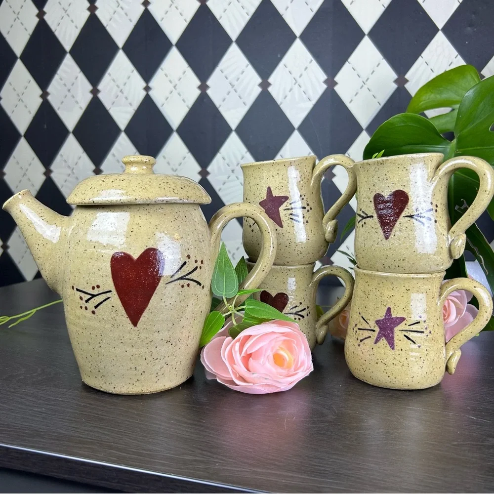 Studio Pottery Tea Set Stoneware Teapot and Four Mugs Heart Star Motif Primitive